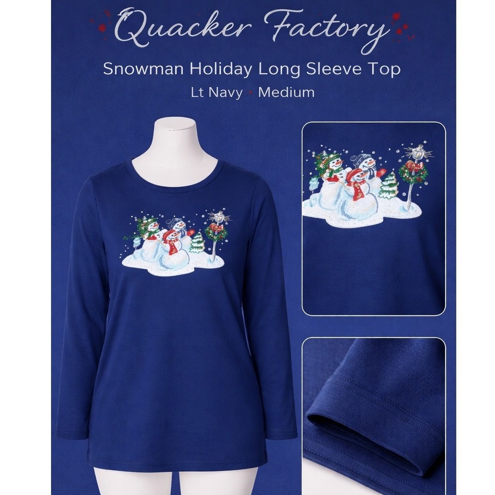Quacker Factory Oh Holy Night Snowman Embroidered Top Blue‎ Medium A625725